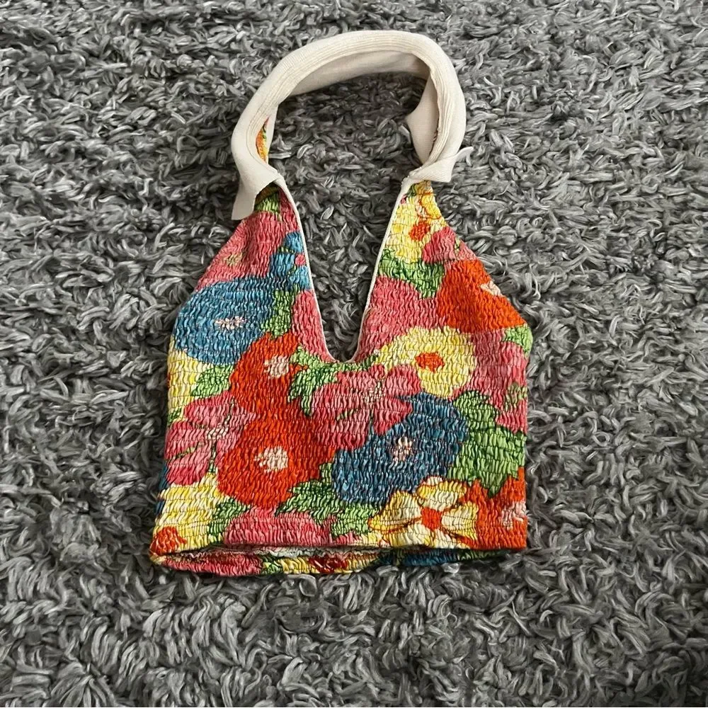 zara womens size S halter floral Smocked cropped top orange blogger fav - Picture 2 of 3